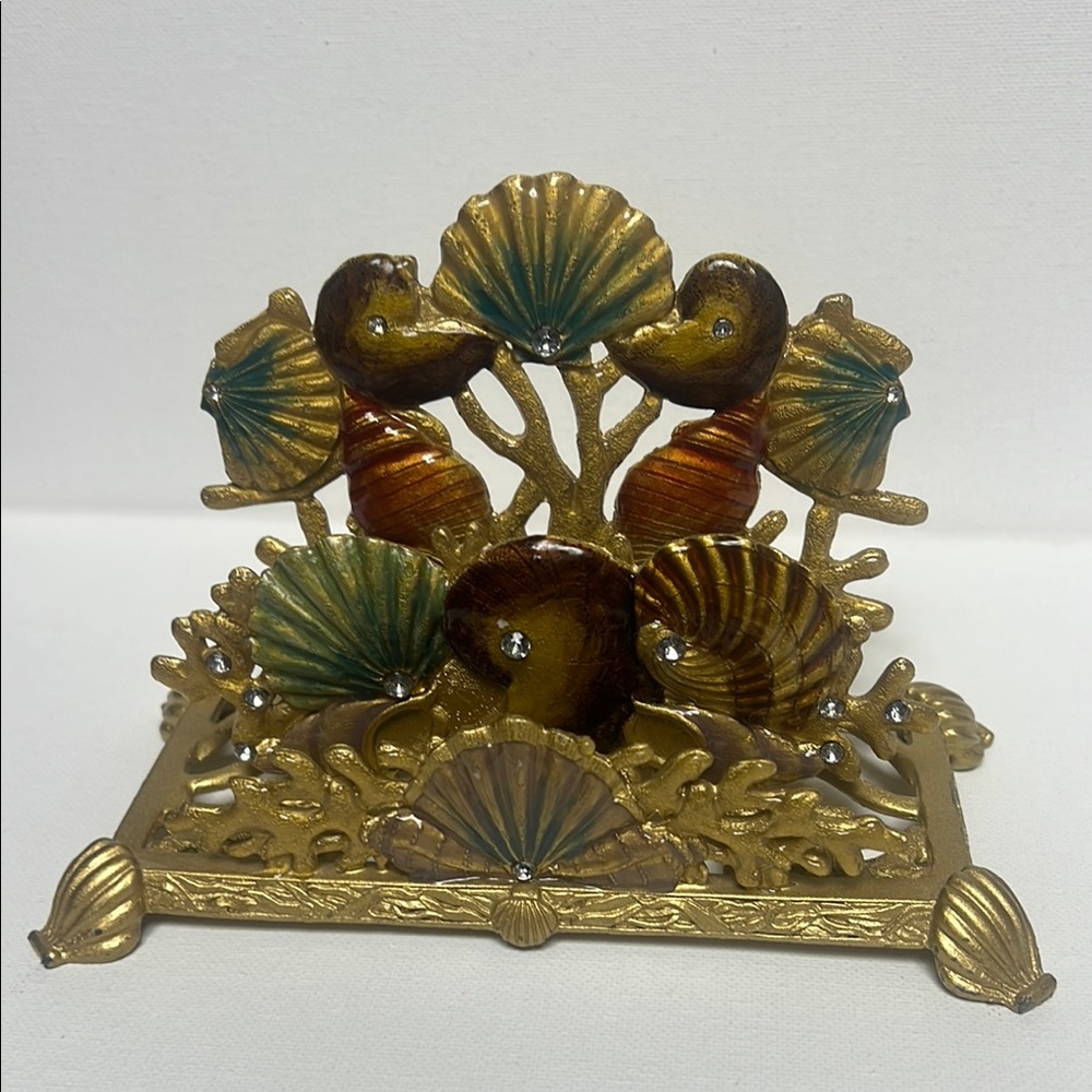 Gold Seashell Napkin Holder with Green and Brown Accents